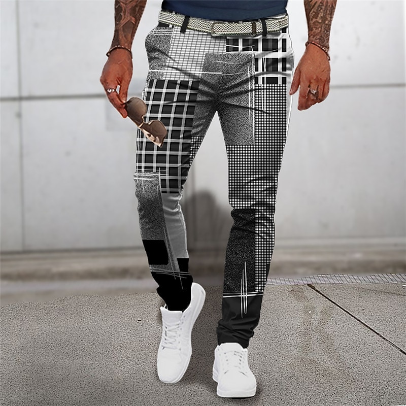 Plaid Geometry Casual Men's 3D Print Pants Trousers Outdoor Daily Wear Streetwear Polyester Blue Brown Green S M L Medium Waist Elasticity Pants