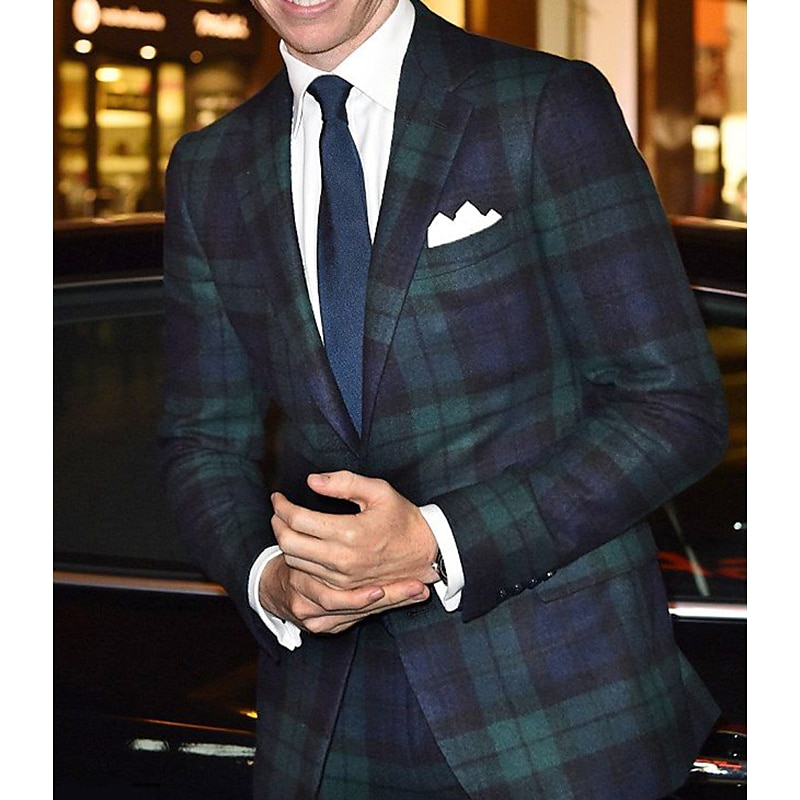 Men's Blazer Jacket Sport Coat Notch Collar Fashion Office Checkered Green Tailored Fit Single Breasted Two-buttons
