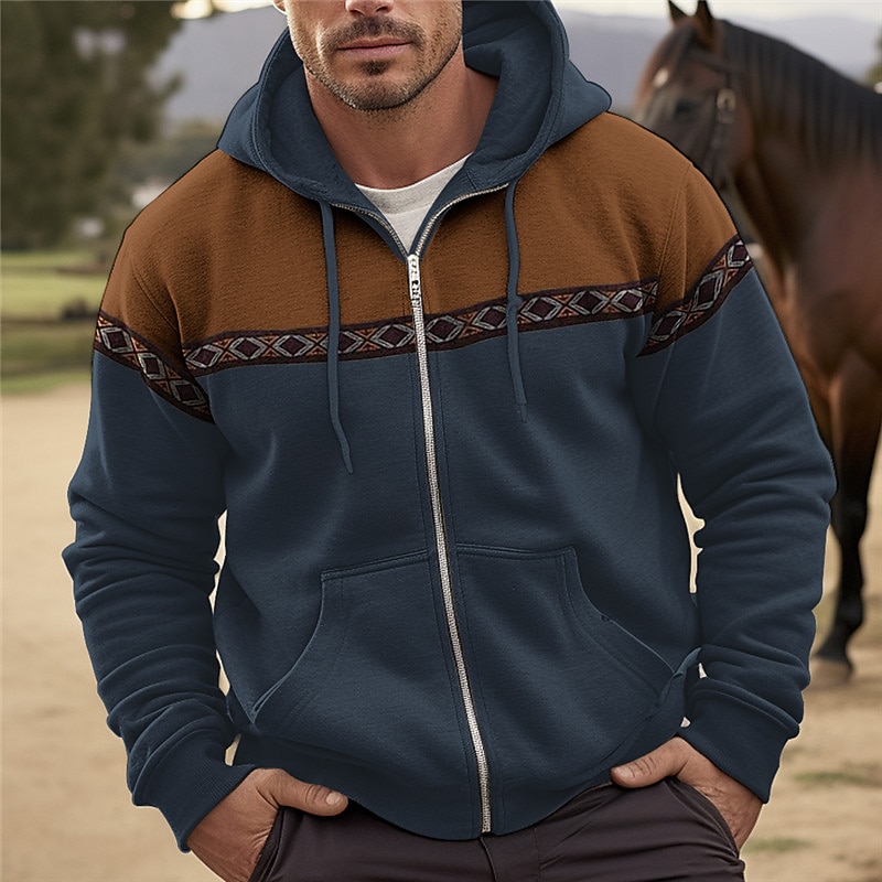 Men's Full Zip Hoodie Zip Up Hoodie Black Navy Blue Brown Beige Hooded Color Block Tribal Zip Up Sports & Outdoor Daily Holiday Polyester Streetwear Cool Ethnic Spring &  Fall Clothing Apparel Hoodies