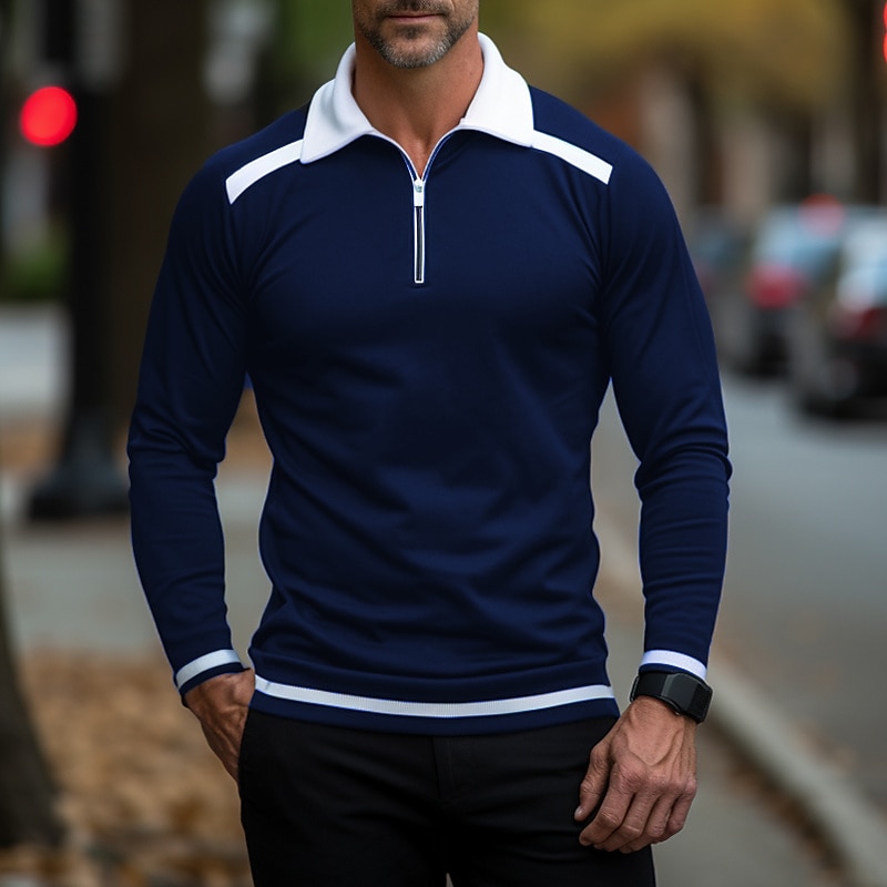 Men's Zip Polo Polo Shirt Casual Holiday Lapel Quarter Zip Long Sleeve Fashion Basic Color Block Quarter Zip Summer Regular Fit Black Burgundy Navy Blue Orange Army Green Zip Polo2