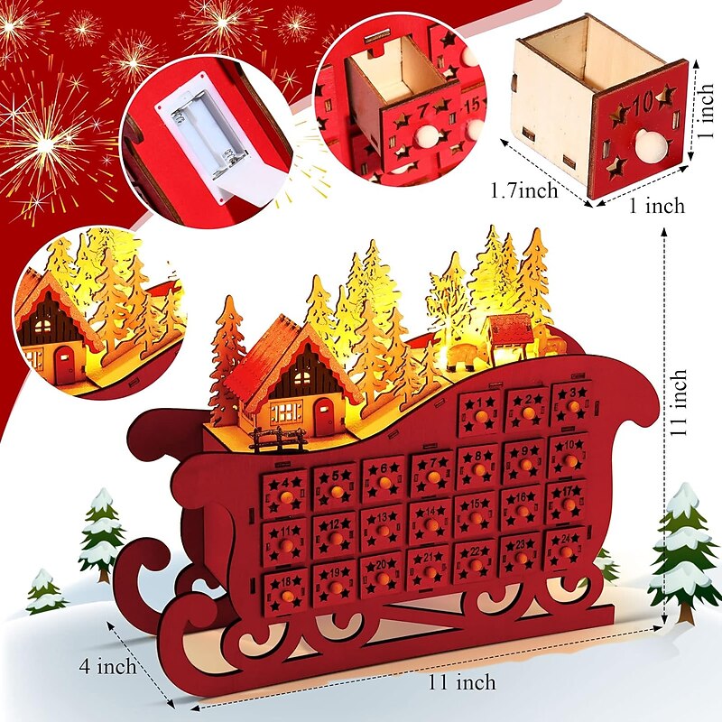 Christmas Wooden Advent Calendar Christmas Sleigh Countdown Calendar with 24 Drawers Wooden Advent Calendar Xmas Countdown Advent Calendar for Adults Kids Christmas Countdown Decoration Supplies3