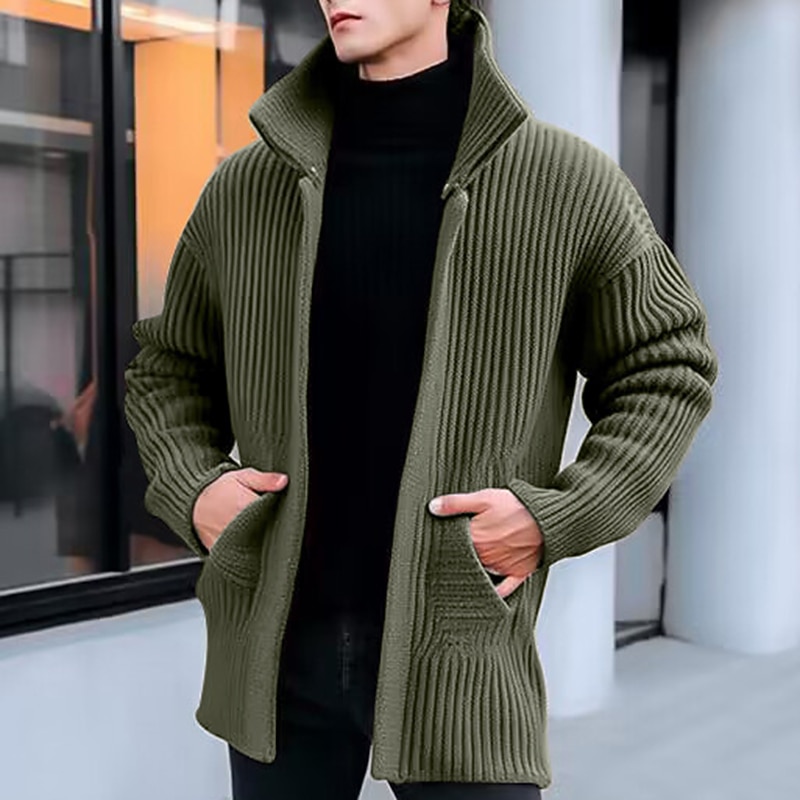 Men's Sweater Cardigan Sweater Ribbed Knit Regular Knitted Plain Stand Collar Warm Ups Modern Contemporary Daily Wear Going out Clothing Apparel Fall & Winter Black Green M L XL4