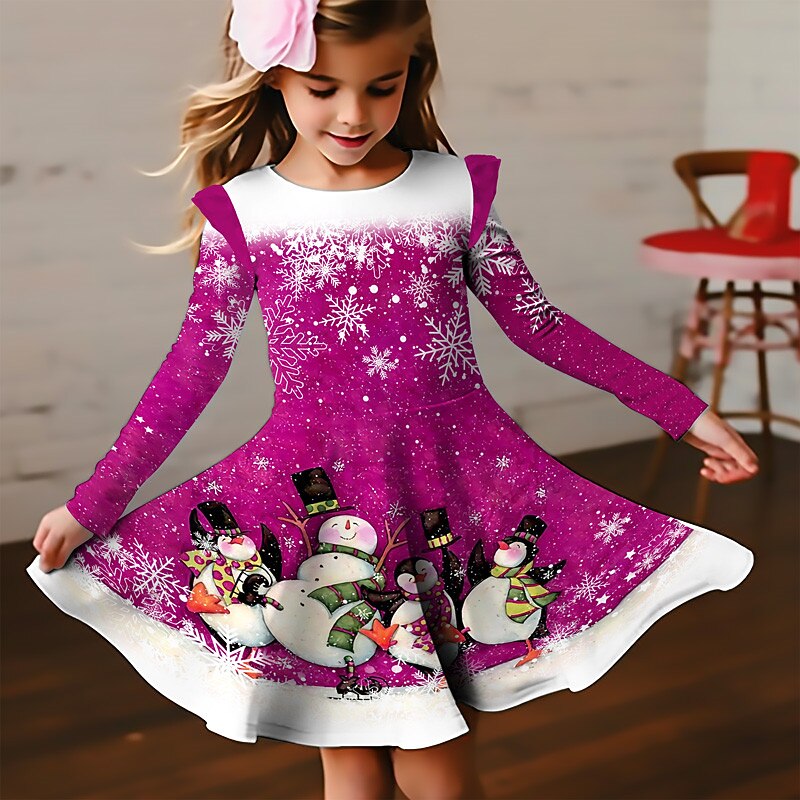 Christmas Girls' 3D Snowman Snowflake Christmas Dress Snowflake Dress Ruffle Dress Long Sleeve 3D Print Fall Winter Sports & Outdoor Daily Holiday Cute Casual Beautiful Kids 3-12 Years Casual Dress A3
