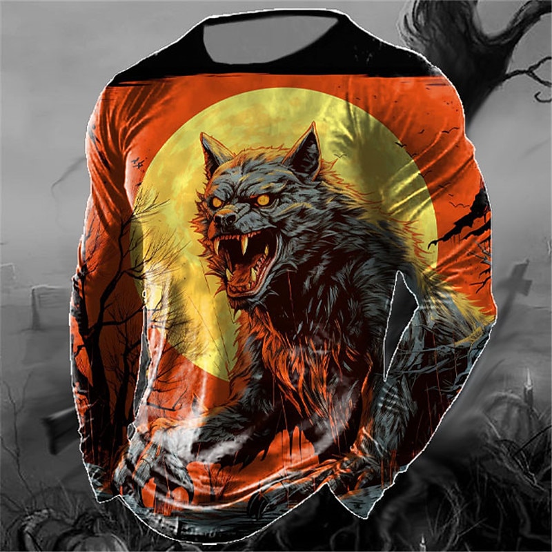 Halloween Men's Graphic Animal Pumpkin T Shirt Long Sleeve T shirt 3D Print Crew Neck Shirt Fashion Designer Casual Sports Outdoor Holiday Going out Black Yellow Orange Spring &  Fall Clothing Apparel2