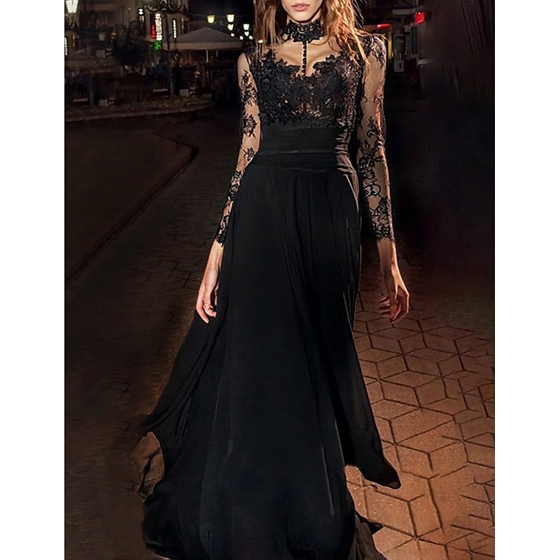 A-Line Evening Gown Vintage Dress Masquerade Floor Length Long Sleeve High Neck Black Dress Chiffon with Appliques