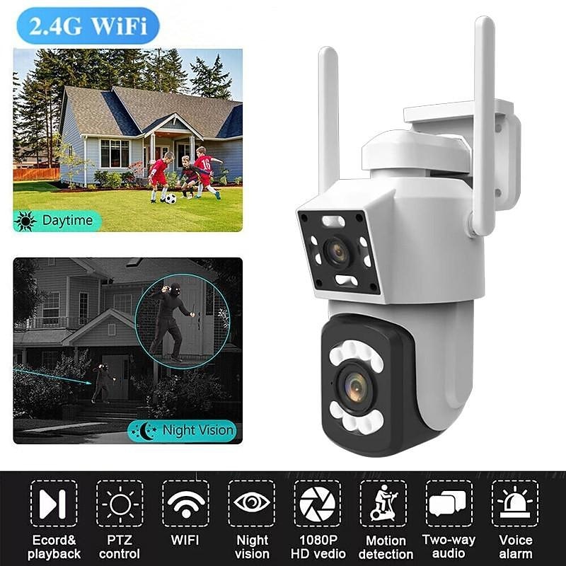 2.4G WIFI Security CCTV Camera Dual Len Wireless IP Camera Two-Way Audio Talk Auto Tracking Waterproof Network Camera Digital Zoom Surveillance PTZ Camera2