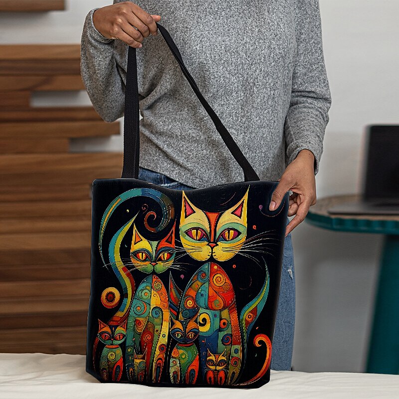 Women's Colorful Cat Print Tote Bag, Artistic Design with Large Capacity, Perfect for Daily Use or Shopping3