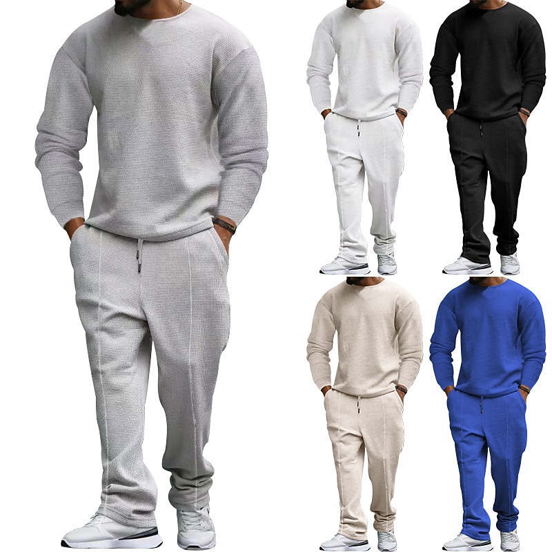 Men's T-shirt Suits Tracksuit Tennis Shirt Tees and Drawstring Long Pants Long Sleeve Crew Neck Spring &  Fall Plain Gymnatics Casual 2 Piece Vacation Daily Wear Activewear Black White Royal Blue Top