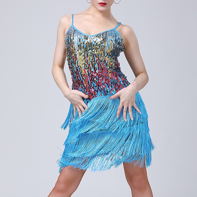 Latin Dance Dress Tassel Splicing Paillette Women's Performance Training Sleeveless High Polyester3