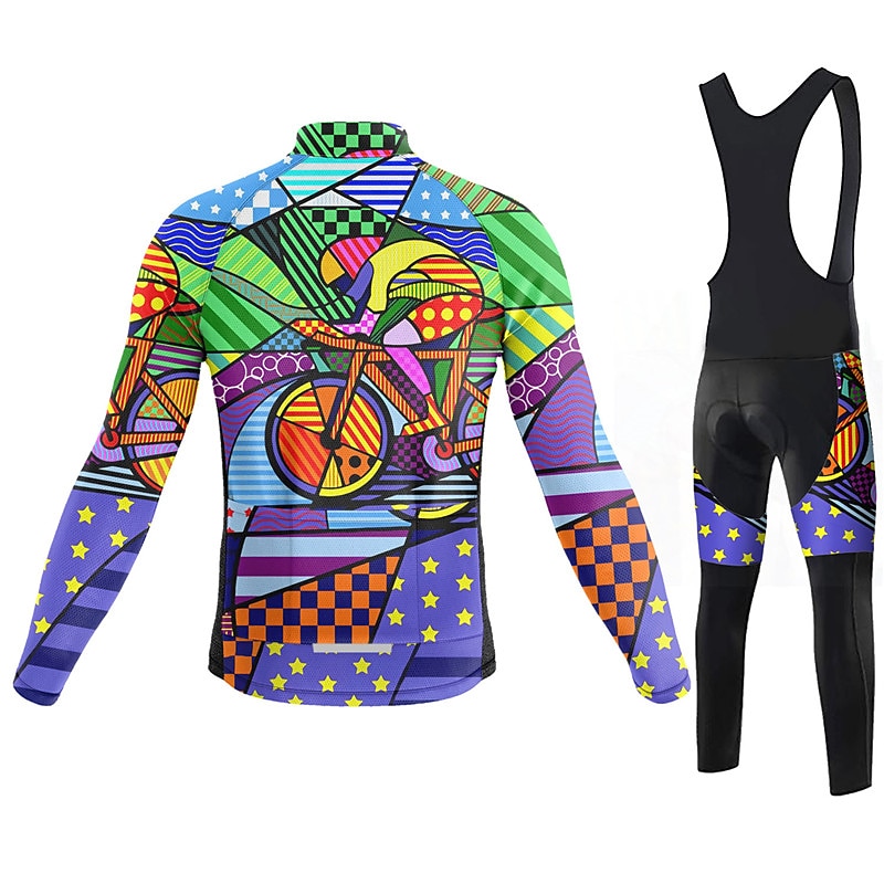 Men's Cycling Jersey with Bib Tights Long Sleeve Mountain Bike MTB Road Bike Cycling Winter Violet Pink Blue Graphic Bike Clothing Suit 3D Pad Breathable Quick Dry Back Pocket Polyester Spandex Sports2