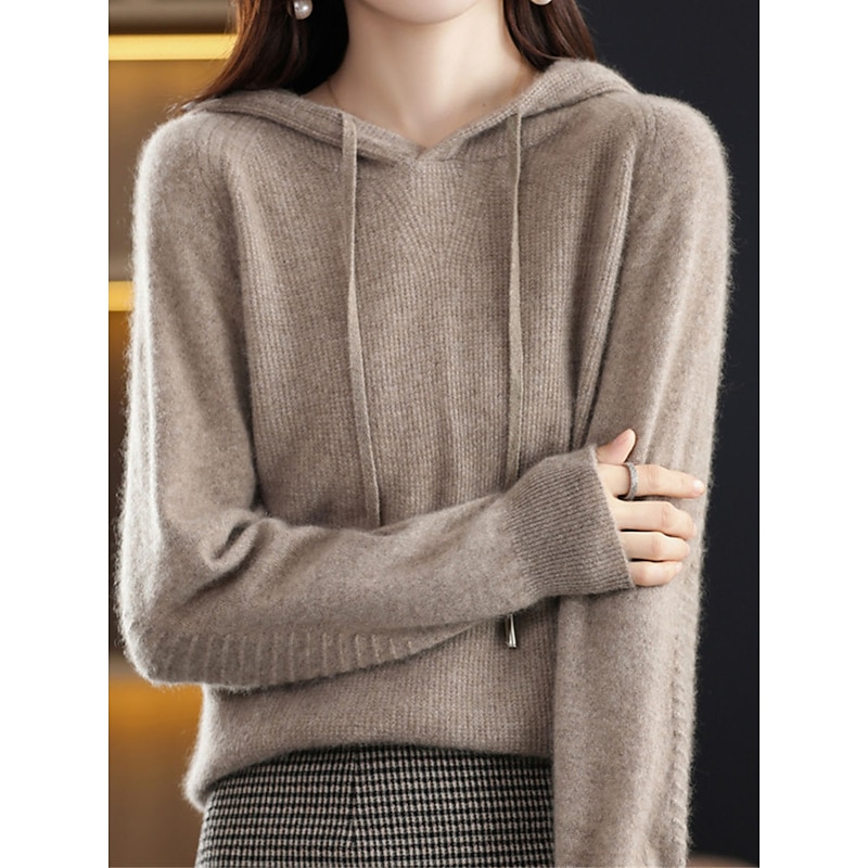 Women's Pullover Sweater Jumper Stylish Casual Soft Solid Color Ribbed Hooded Oversized Long Sleeve Regular Tops Knit Outdoor Daily Going out Black Camel Fall Winter2
