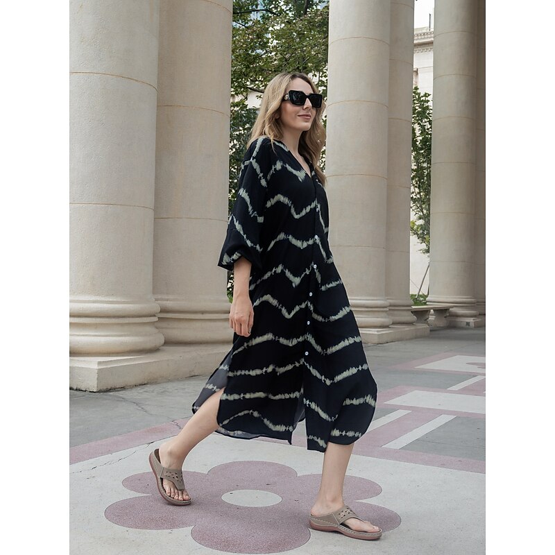 Women's Geometric Stripe Button Split V Neck Maxi long Dress Daily Vacation Long Sleeve Summer Spring3