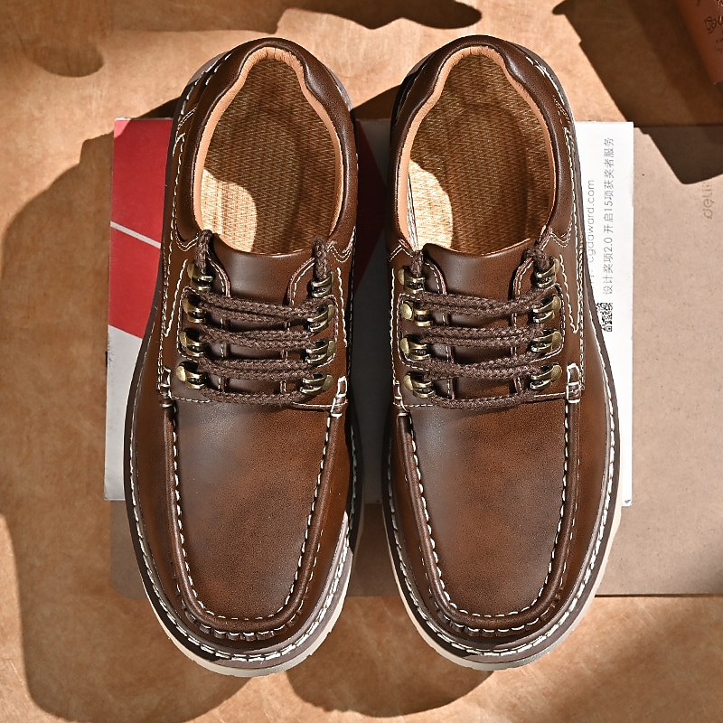 Men's Brown Leather Casual Shoes – Lace-Up Moccasins with Rugged Sole, Stylish Outdoor Footwear for Walking & Work2