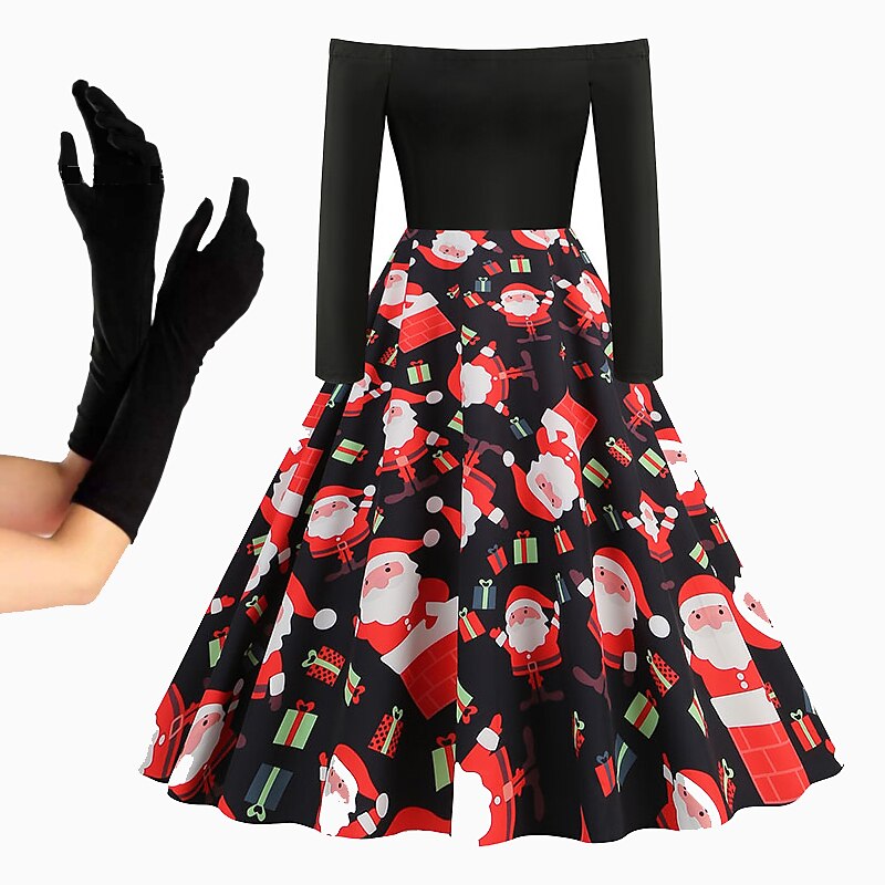 1950s Christmas flare Midi Knee Length Dress Christmas Dress Prom Dress Santa Suit Off Shoulder Floral Print Christmas Printing Ball Gown Fancy Dress Women's Christmas Masquerade Christmas Christmas2