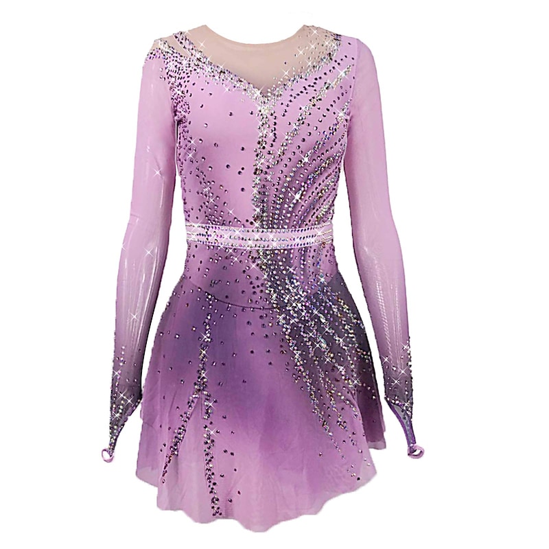 Figure Skating Dress Women's Girls' Ice Skating Dress Pink Blue Purple Stretchy Training Competition Skating Wear Thermal Warm Crystal / Rhinestone Long Sleeve Ice Skating Figure Skating