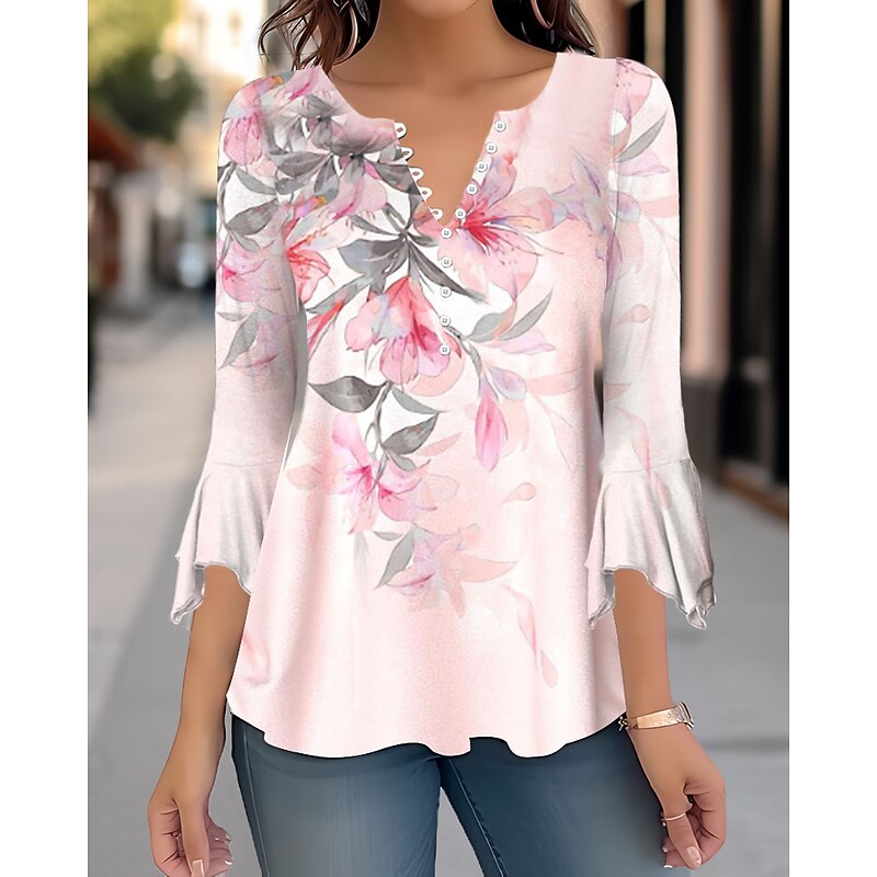 Women's T Shirt Fashion Floral Buttons Print 3/4 Length Sleeve Regular Tops Round Neck Casual Holiday White Pink Fuchsia Green Spring &  Fall2