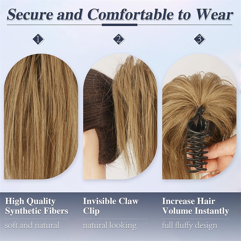 Claw Clip Messy Bun Hair Piece Short Straight Hair Ponytail Bun Extensions Blonde Hair Bun Synthetic Claw Clip on Hairpieces Fake Hair Bun Extensions for Women Girls-Blonde2