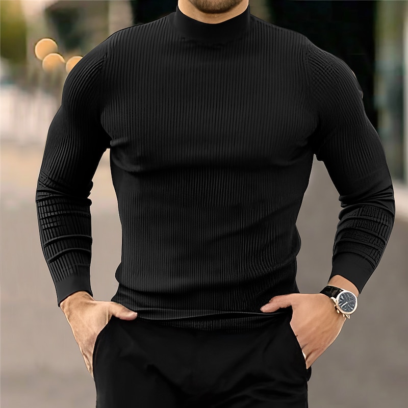 Men's Turtleneck Sweater Sweater Pullover Jumper Ribbed Knit Cropped Knitted Plain Turtleneck Fashion Keep Warm Daily Wear Vacation Clothing Apparel Fall & Winter Black Brown S M L4