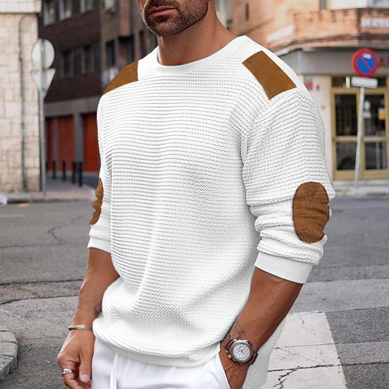Men's Sweater Pullover Ribbed Waffle Knit Knitted Plain Crew Neck Keep Warm Modern Contemporary Daily Wear Going out Clothing Apparel Fall & Winter Black White S M L - Main Image