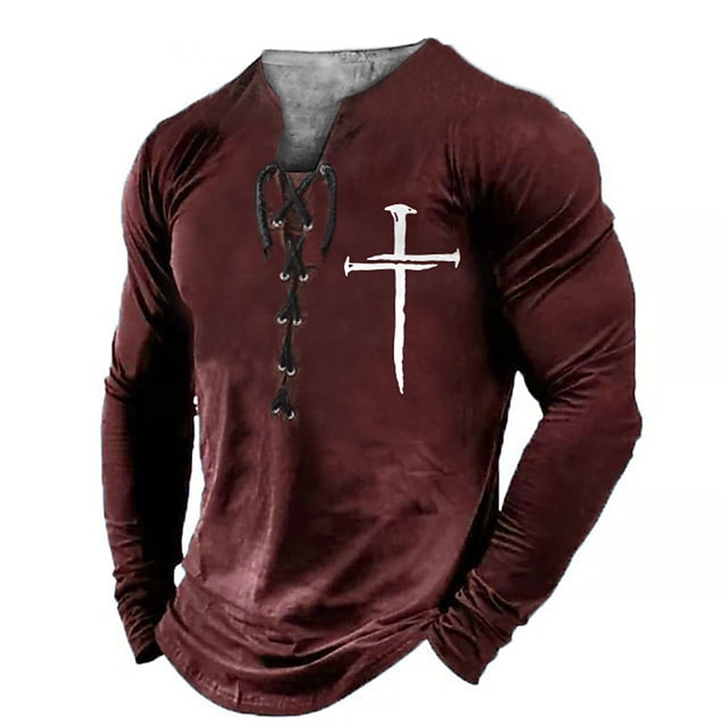 Men's Graphic Faith T Shirt Long Sleeve T shirt 3D Print Collar Shirt Fashion Daily Outdoor Casual Holiday Going out Black Burgundy Green Spring &  Fall Clothing Apparel S M L XL 2XL 3XL3