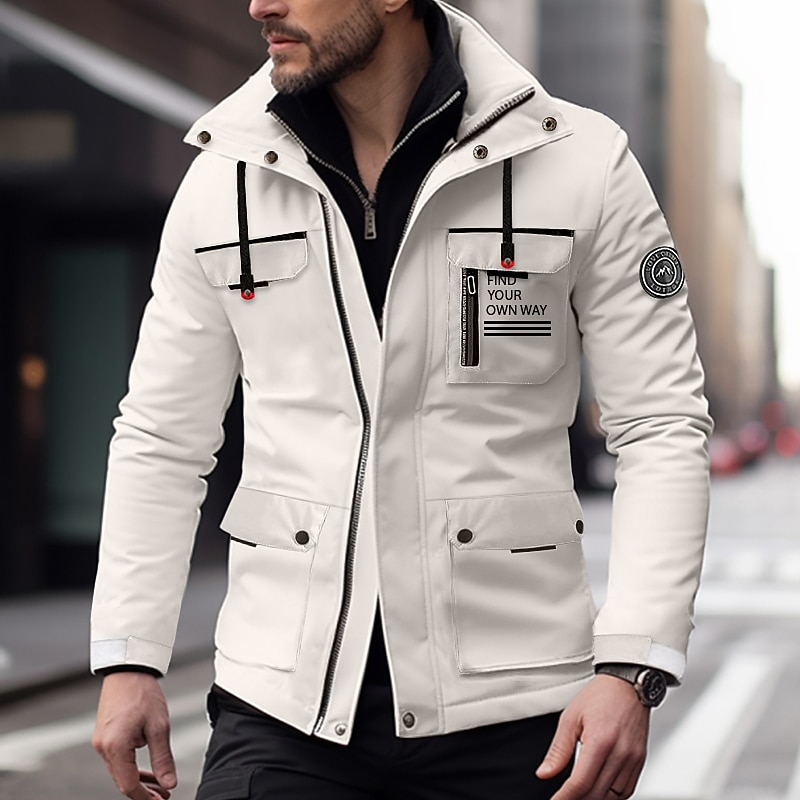 Men's Outdoor Jacket Winter Jacket Raincoat Sport Jacket Pocket Hooded Outdoor Mountain Bike Camping & Hiking Waterproof Windproof Spring Fall Letter Black White Red Army Green Puffer Jacket