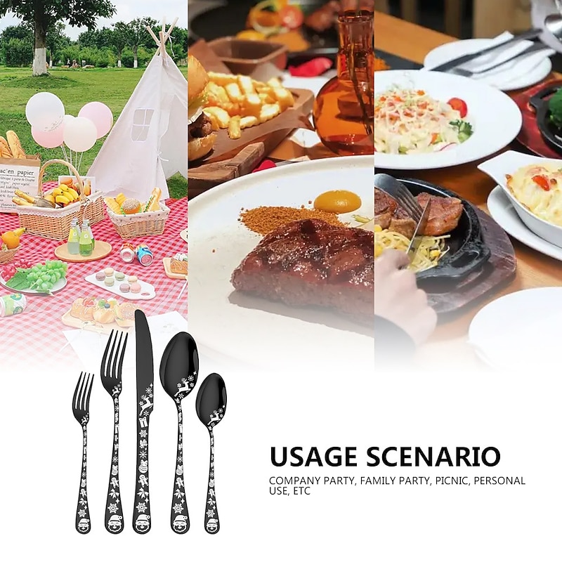 20/40 Piece Christmas Tableware Set for 8, Black Flatware set Service for 8,Unique Christmas Tree Snowflake Pattern DesignSatin Finish Cutlery for 8,Dishwasher Safe2