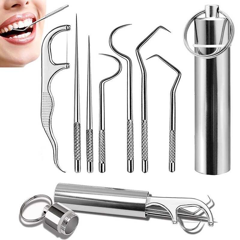 7Pcs Portable Stainless Steel Toothpicks Pocket Set Reusable Metal Toothpicks Cleaning Kit with Storage Tube Holder for Outdoor Picnic Camping Traveling