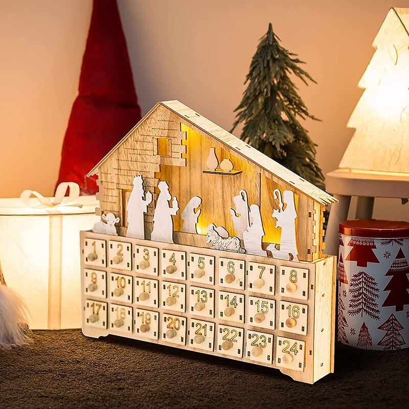 Christmas Wooden Advent Calendar House with 24 Drawers, Led Lights,Advent Calendar Ornament, Exquisite Interesting Christmas Advent Calenda for Holiday Decoration3