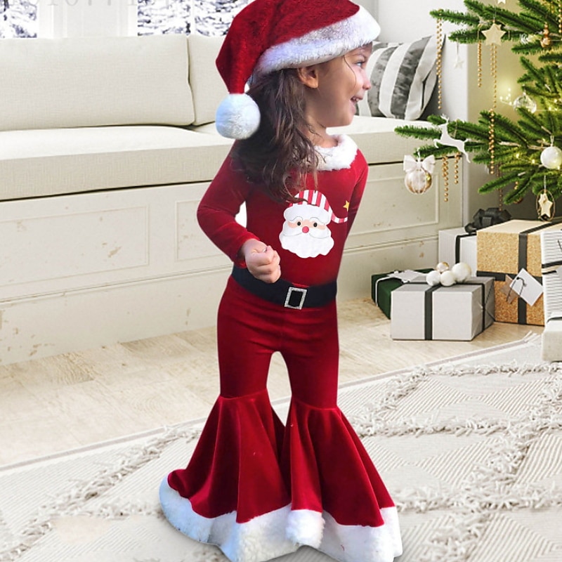 3 Pieces Kids Girls' Christmas Cartoon Christmas Sets Set Long Sleeve Active School Cotton 7-13 Years Spring Red
