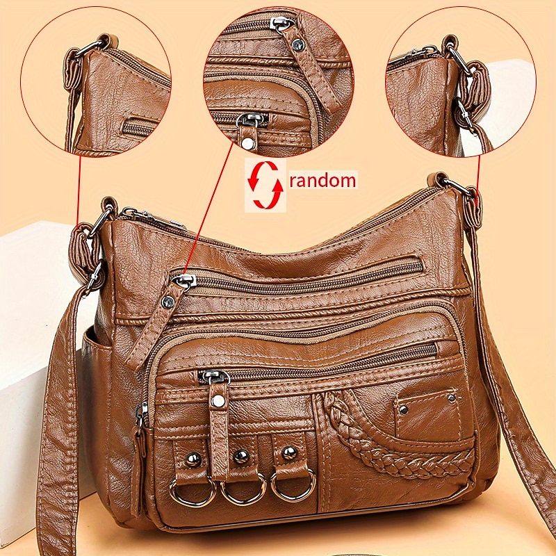 Women's Vintage Faux Leather Crossbody Bag with Multiple Zipper Pockets – Casual Shoulder Handbag for Everyday Use3