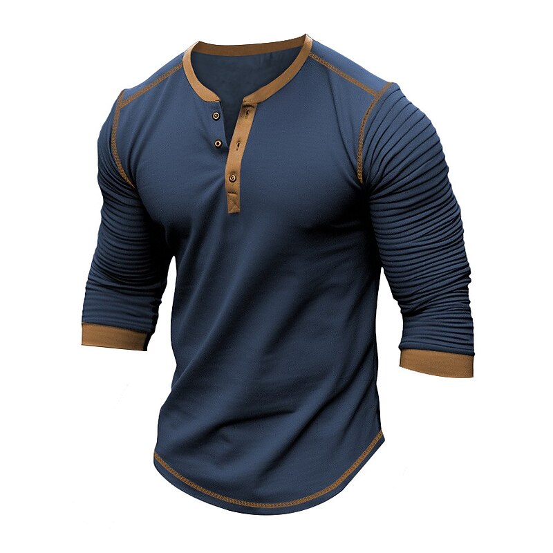 Men's Button T Shirt T Shirt Henley Shirt Tee Top Long Sleeve Henley Spring &  Fall Slim Pleated Raglan Sleeve Fashion Designer Basic Patchwork Vacation Street Going out Black Navy Blue Brown Top Tee