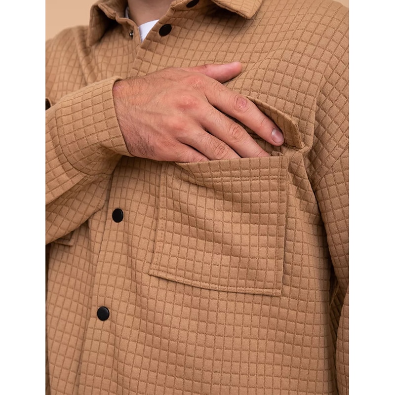 Men's Waffle Shirt Waffle Henley Shirt Shirt Jacket Overshirt Plain Outdoor Daily Wear Black White Brown Long Sleeve Lapel Fall & Winter Clothing Apparel Pocket3