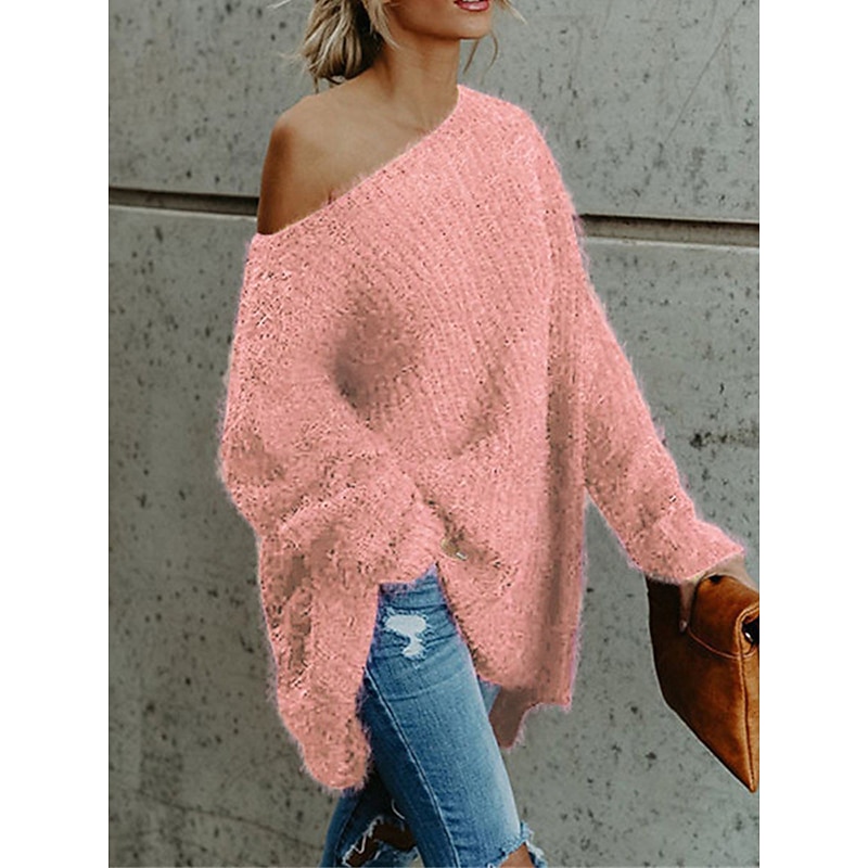 Women's Pullover Sweater Jumper Stylish Casual Soft Solid Color Ribbed One Shoulder Cold Shoulder Long Sleeve Short Knit Daily Going out Weekend Pink Navy Blue Fall Winter2
