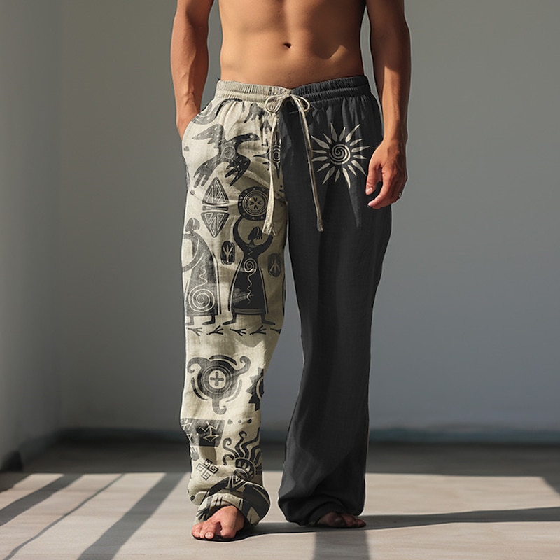 Men's Graphic Prints Linen Pants Baggy Pants Mid Waist Ethnic Style Casual Drawstring Elastic Waist Front Pocket Spring & Summer Black Blue Khaki4