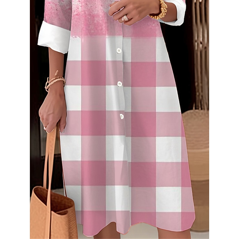 Women's Midi Dress Shirt Dress Casual Dress Midi Dress Outdoor Office Daily Fashion Modern Shirt Collar Button Pocket Long Sleeve Fall Winter Loose Fit Ombre Plaid2