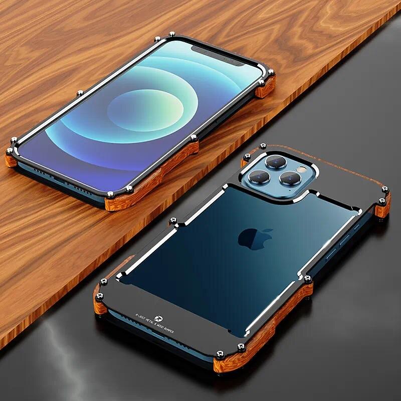 Phone Case For iPhone 15 14 Pro Max Plus 13 12 11 Pro Max Bumper Frame 4 Corners Protection Solid Color Wooden Aluminum Alloy3