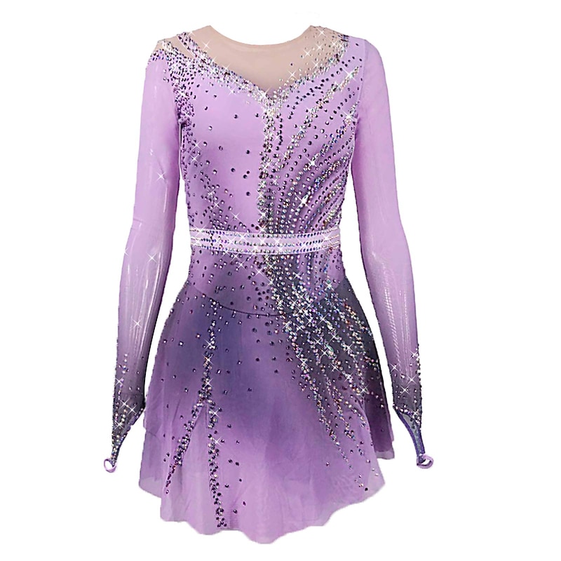 Figure Skating Dress Women's Girls' Ice Skating Dress Pink Blue Purple Stretchy Training Competition Skating Wear Thermal Warm Crystal / Rhinestone Long Sleeve Ice Skating Figure Skating3