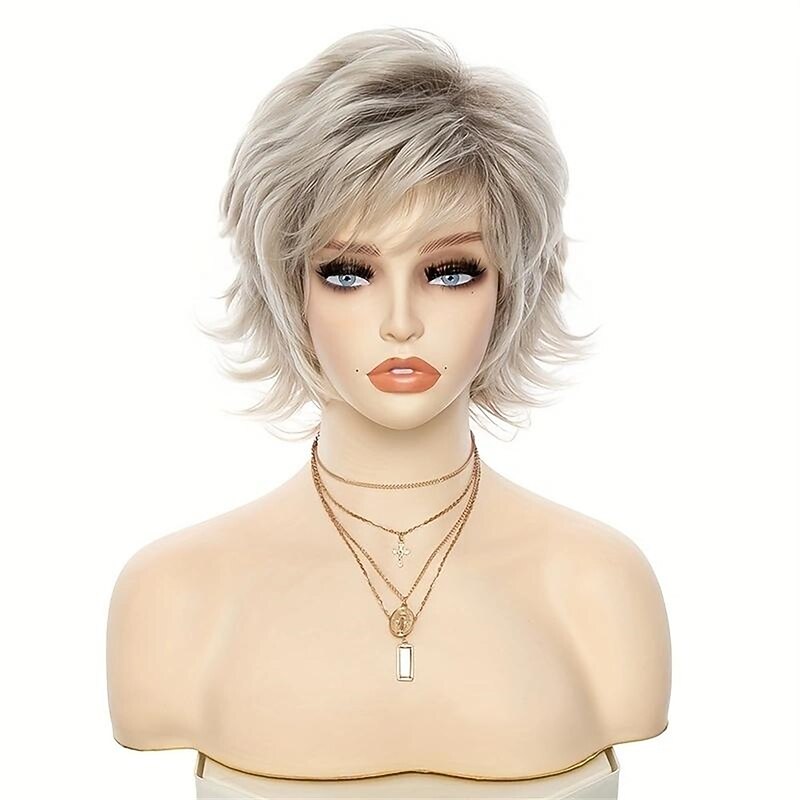 Synthetic Wig Curly Pixie Cut Wig Short Grey Light Blonde Synthetic Hair Women's Fashionable Design Adjustable Comfy Blonde Dark Gray3
