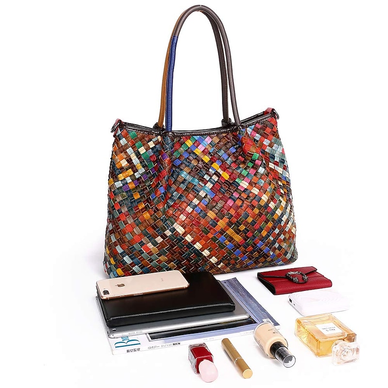 Women's Multicolor Woven Leather Tote Bag with Dual Straps and Boho Patchwork Style, Large Shoulder Handbag for Travel, Art Events, and Casual Daily Use2