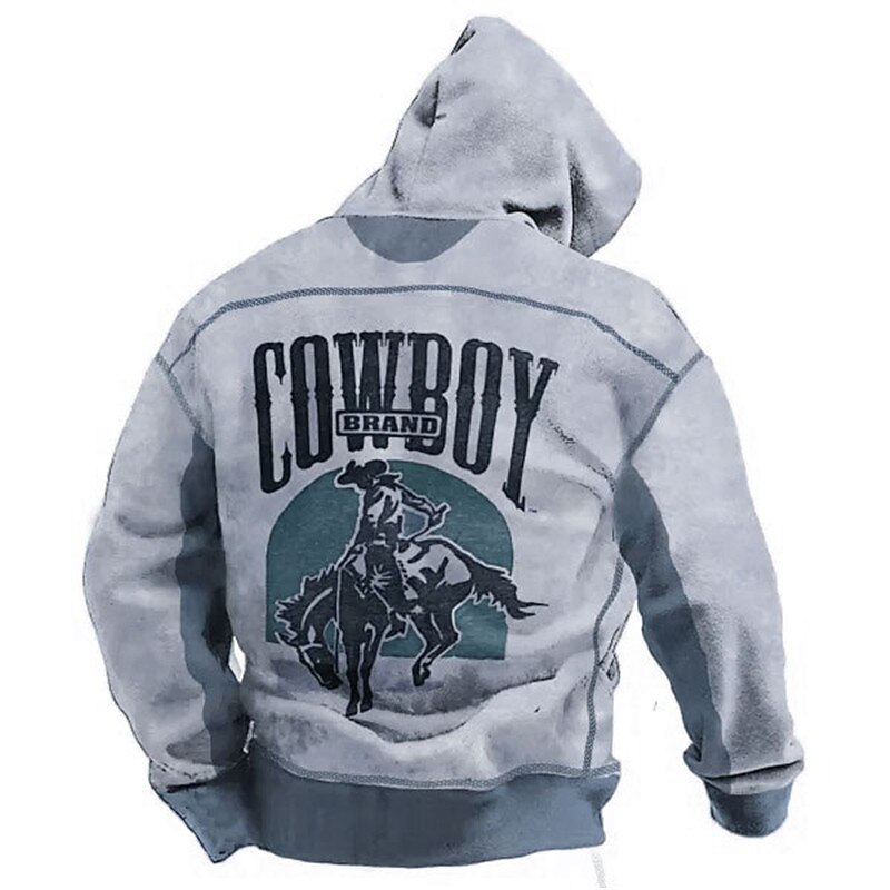 Men's Graphic Cowboy Hoodie Hoodies Sweatshirt Daily Basic Long Sleeve Hooded Vacation Sports Outdoor Holiday Blue Green Print Front Pocket Spring &  Fall Designer3