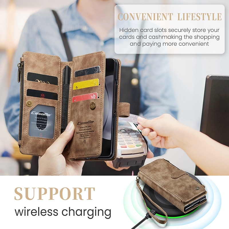 Phone Case For Samsung Galaxy Z Fold 5 Z Fold 4 Z Fold 3 Wallet Case with Stand Holder Zipper Leather Retro TPU PU Leather3