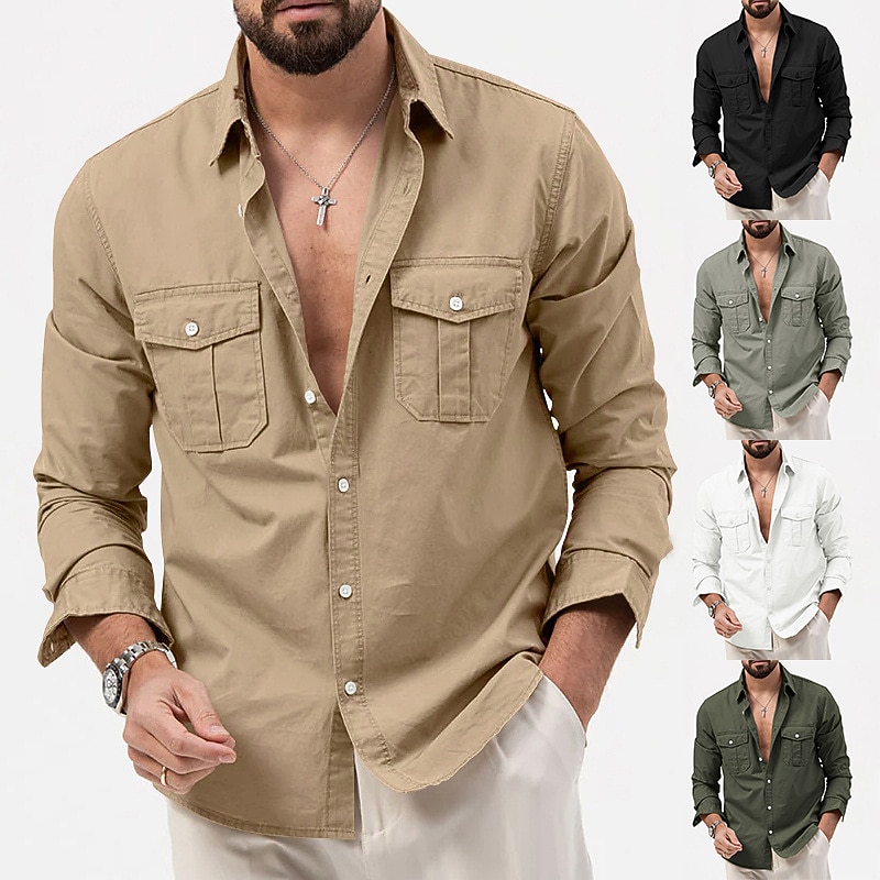 Men's Shirt Button Up Shirt Casual Shirt Black White Green khaki Army Green Long Sleeve Plain Lapel Daily Vacation Front Pocket Clothing Apparel Fashion Casual Comfortable