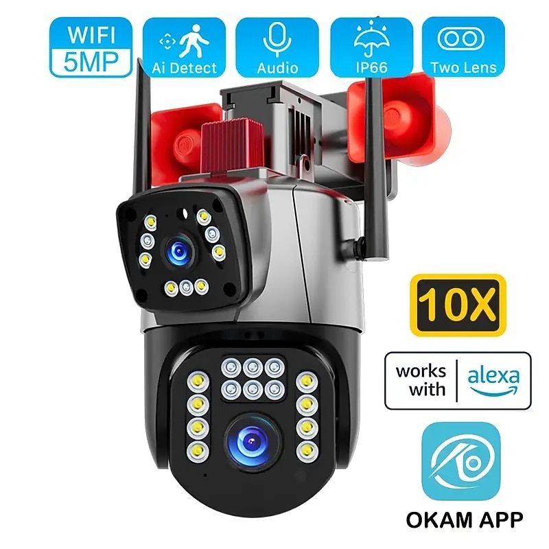 EVKVO 5MP Dual Lens Wireless Security Cameras 10X Digital Zoom Color Night Vision 2-way Audio PTZ Remote Control Auto Tracking Preset Points & Cruise Functions For Home Security