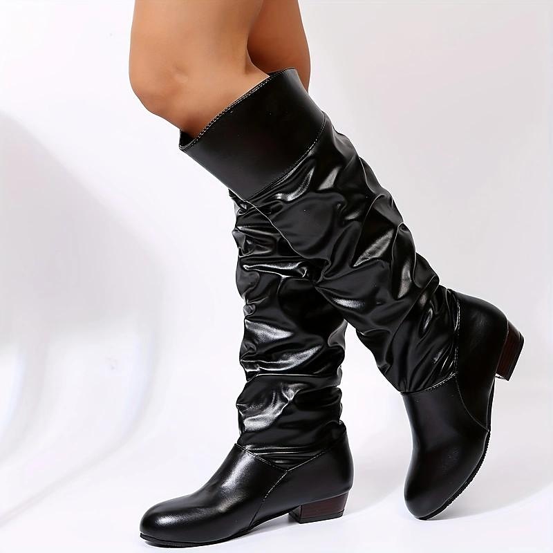 Women's Shiny Black Slouchy Knee-High Boots with Low Block Heel, Stylish Winter Footwear for Casual and Evening Outfits