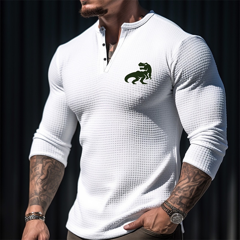 Men's Graphic Crocodile Henley Shirt Waffle T Shirt Long Sleeve 3D Print Fashion Designer Casual Sports Outdoor Casual Holiday Spring &  Fall White Pink Blue Beige Henley Henley T-Shirt
