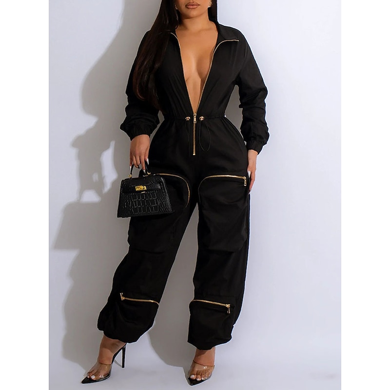 Women's Normal Jumpsuit Streetwear Solid Color Sleeveless Shirt Collar Zipper Pocket Street Daily Regular Fit Black White Fall2