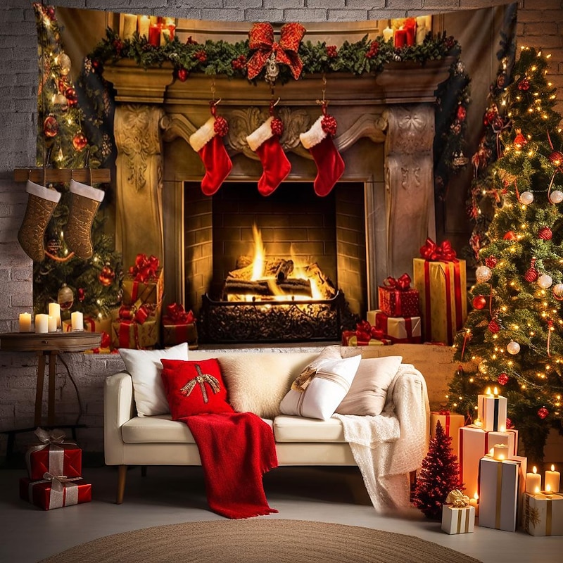 Christmas Decorations Hanging Tapestry Christmas Stockings Xmas Fireplace Wall Art Large Tapestry Mural Decor Photograph Backdrop Blanket Curtain Home Bedroom Living Room Decoration 13