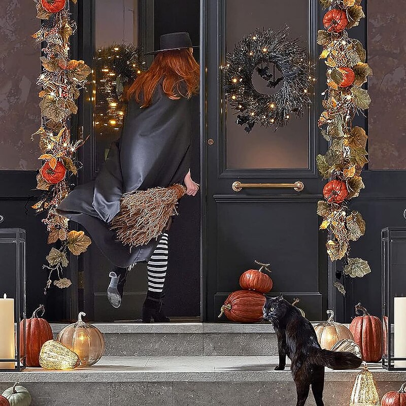 Halloween Wreath with Lights Pre-lit Halloween Wreaths for Front Door OutsideBlack Halloween Door Wreath Lighted Wreath Outdoor Halloween Decorations Home Holiday Party Props Halloween Decor2