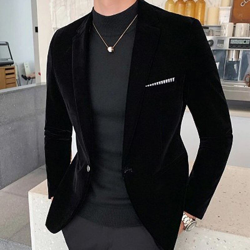 Men's Corduroy Jacket Blazer Business Cocktail Party Wedding Party Fashion Casual Fall / Winter Polyester Velvet Plain Pocket Buttons Casual / Daily Single Breasted Blazer Black Burgundy Blue Dark3
