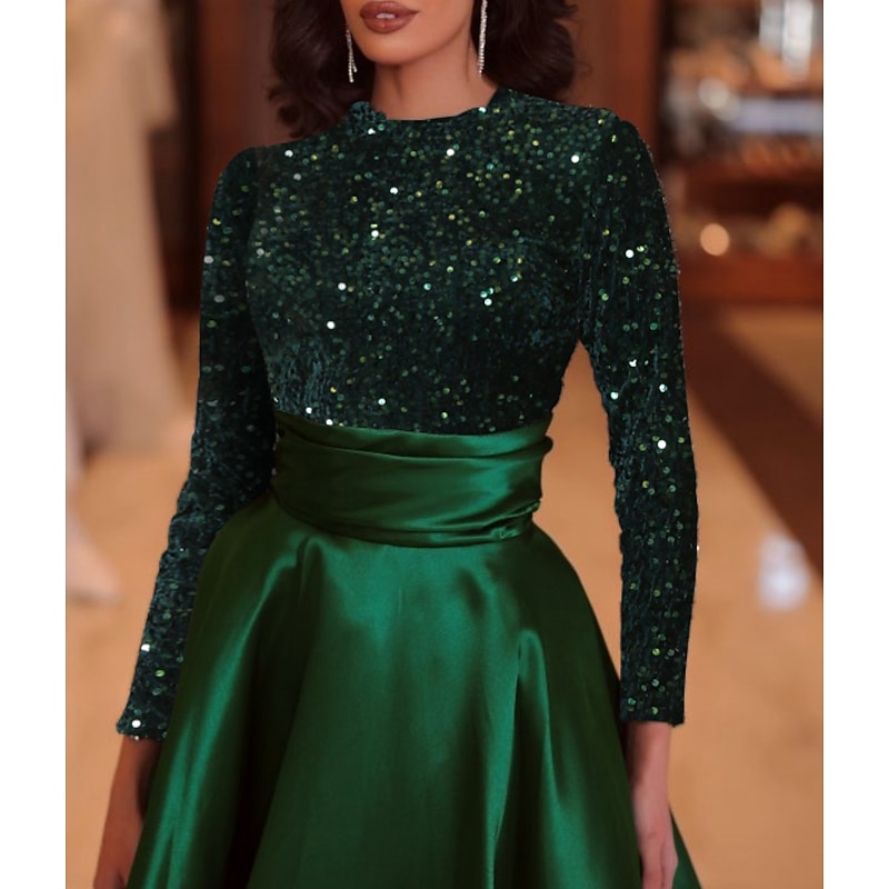 A-Line Sequin Evening Gown Elegant Dress Formal Cocktail Party Court Train Long Sleeve High Neck Fall Wedding Guest4